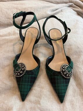 Dior Green Plaid Pointed Toe Ankle-Strap Heels with Jeweled Buckles
